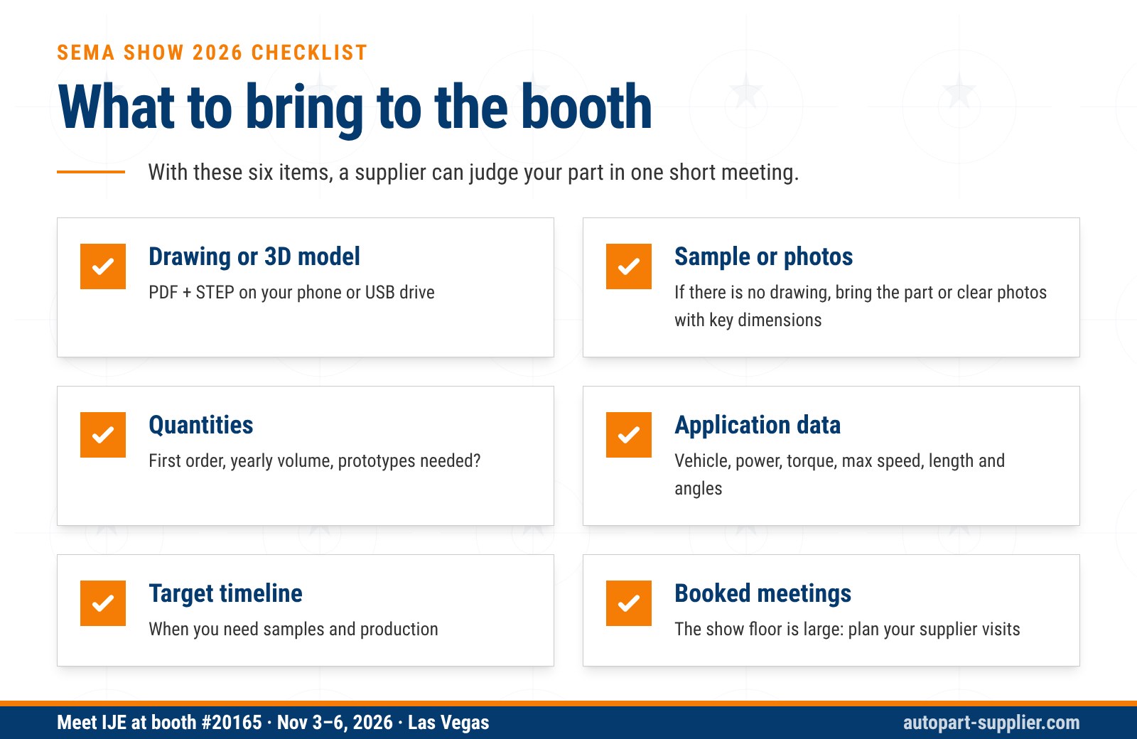 Checklist of six things to bring to a supplier booth at SEMA Show 2026: drawing or 3D model, sample or photos, quantities, application data, target timeline and booked meetings