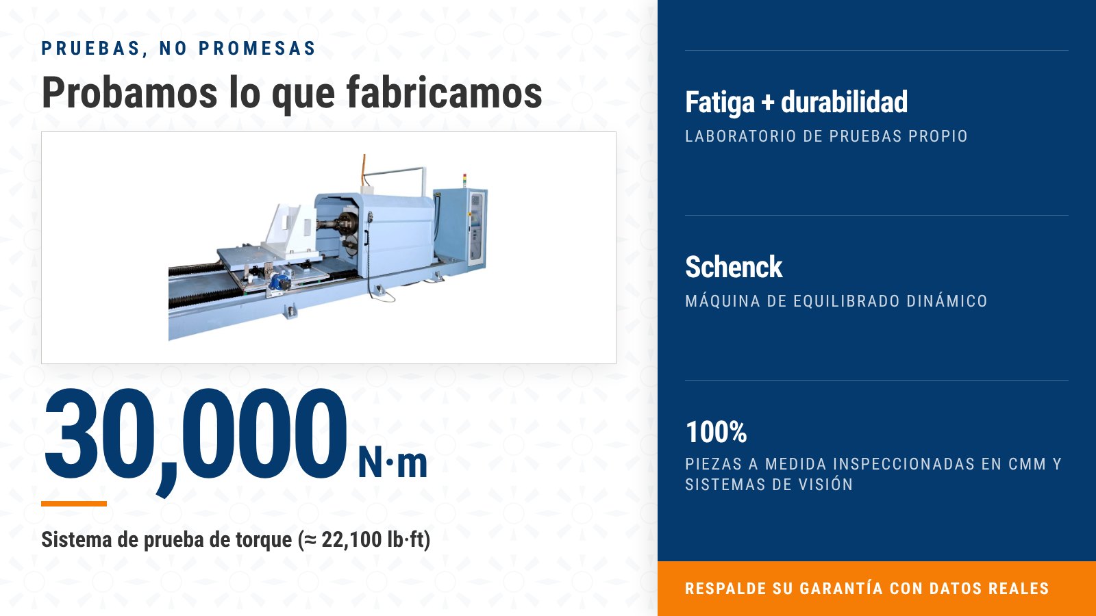 Pruebas propias de IJE: sistema de prueba de torque de 30,000 N·m, pruebas de fatiga y durabilidad, equilibrado dinámico Schenck e inspección del 100% en CMM y sistemas de visión